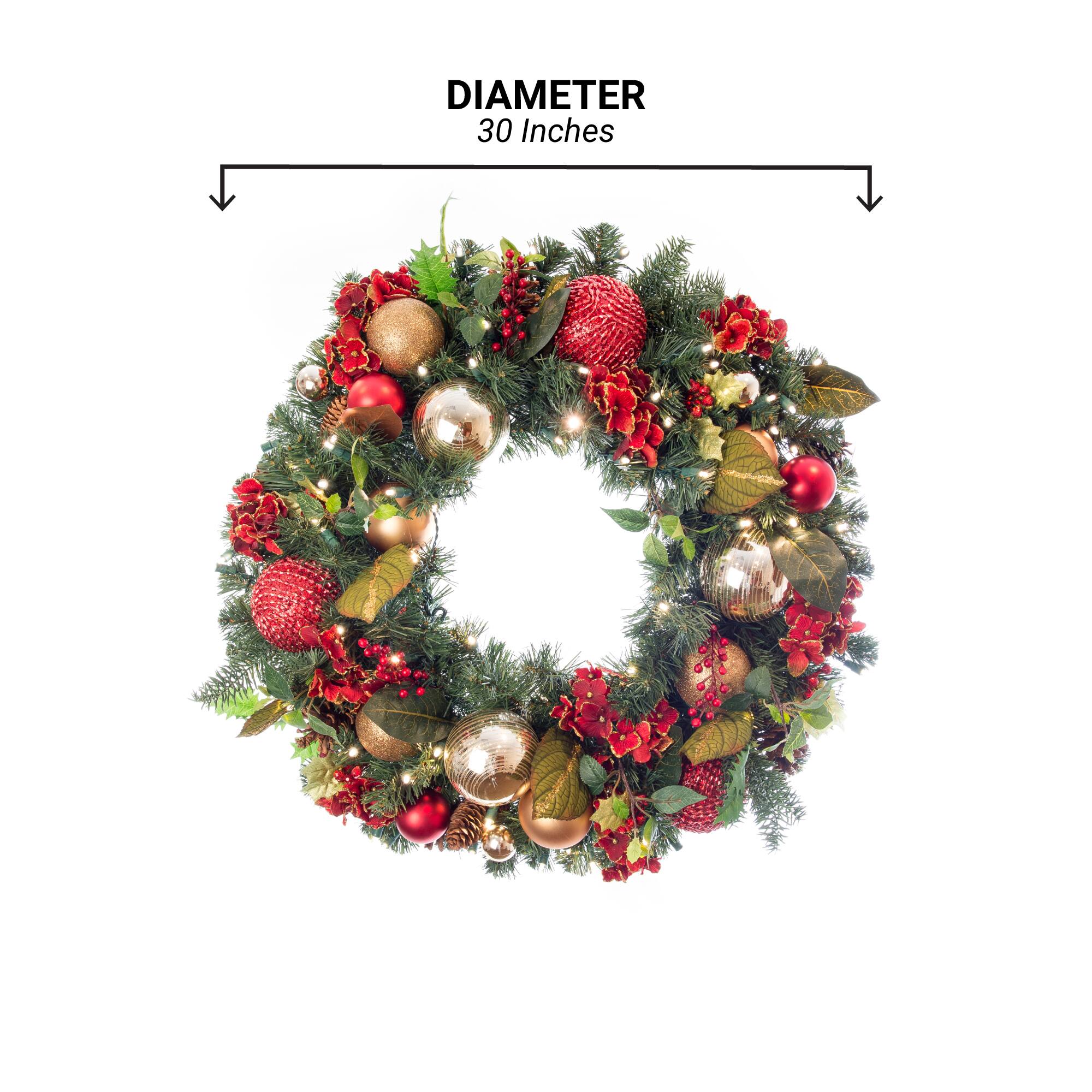 Village Lighting 30" Pre-Lit Scarlet Hydrangea Christmas Wreath, Clear LED Lights